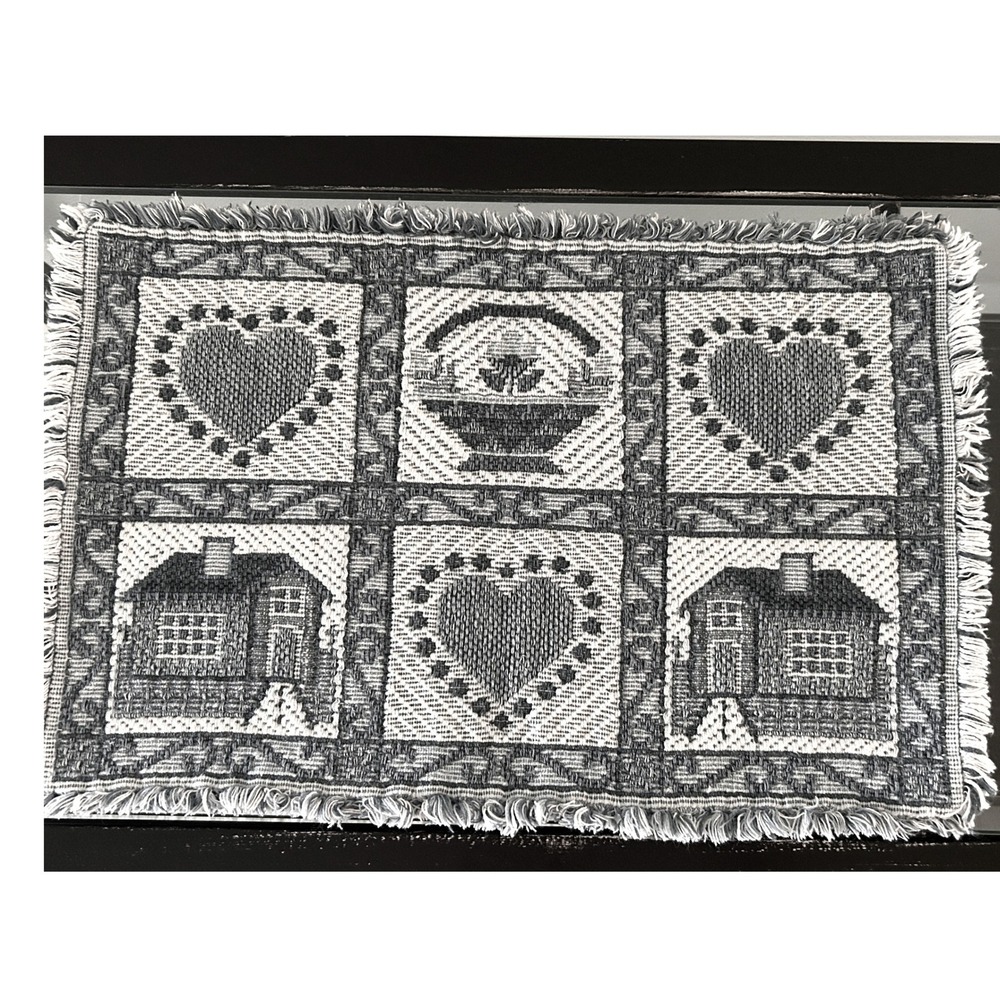Vintage Woven Tapestry Placemats Set of 2 Navy Blue Cream House Heart Folk Art